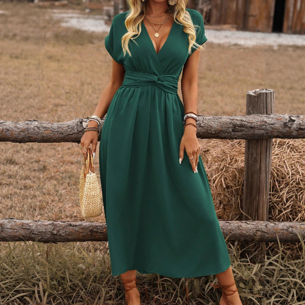 Women's Summer Solid Color Waist V-Neck Bat Sleeve Waist Folds Long Elegant Dress