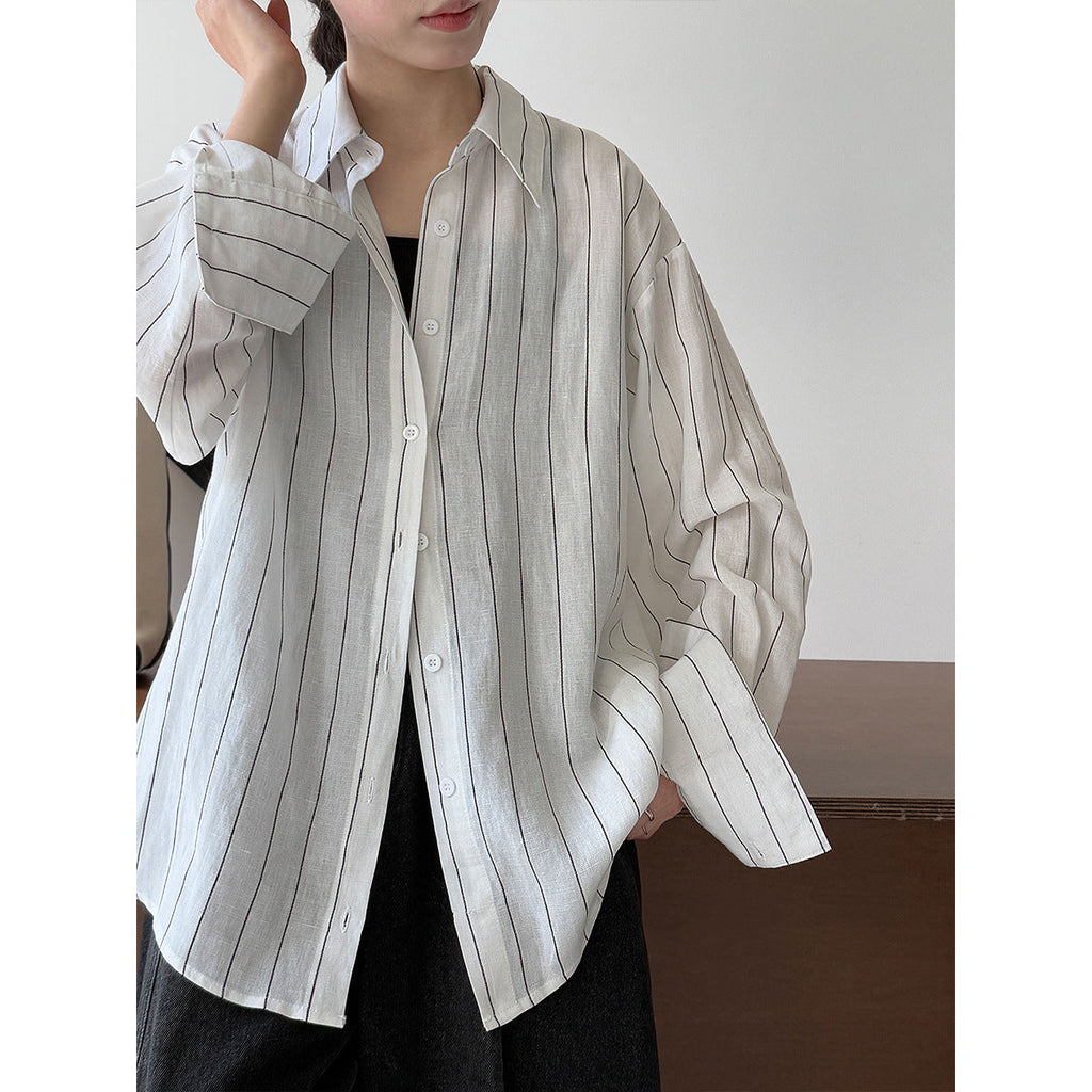 Korean casual temperament striped linen long-sleeved shirt jacket women's early autumn new old money style top