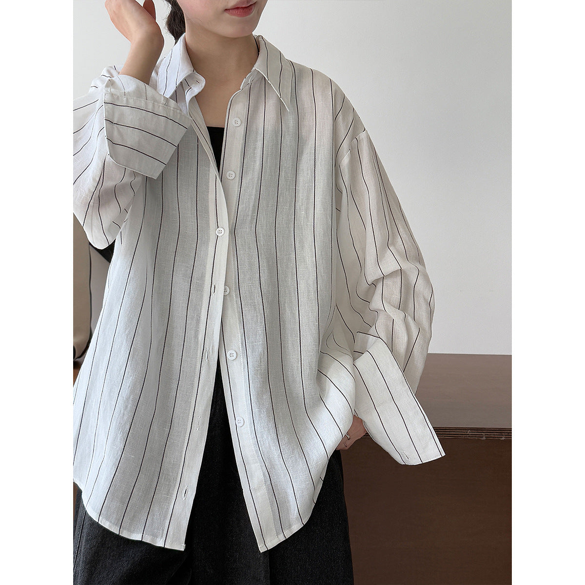 Korean casual temperament striped linen long-sleeved shirt jacket women's early autumn new old money style top