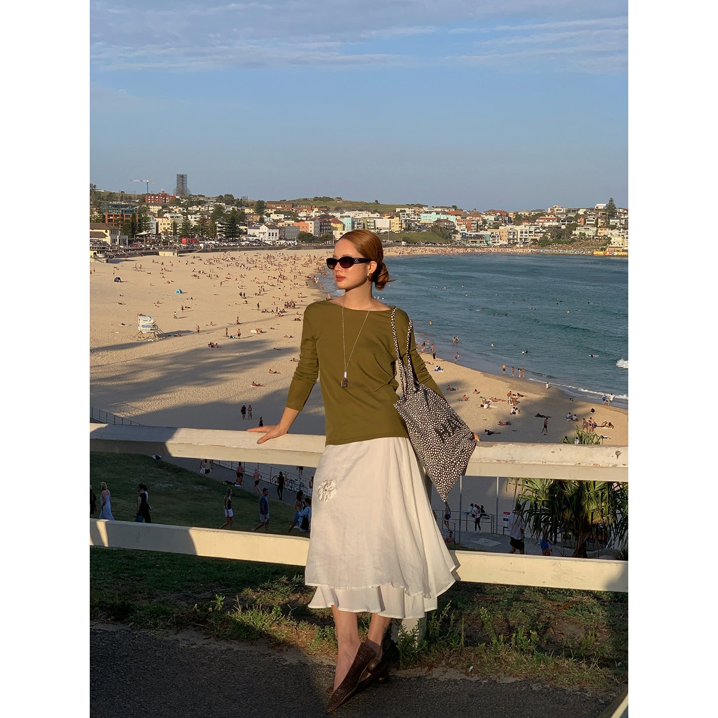 Age-reducing applique ramie double-layer high-waisted A-character medium and long skirt