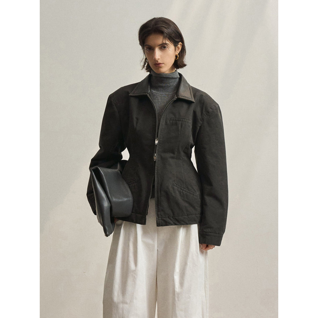 New washed water old leather collar retro charm bee waist jacket