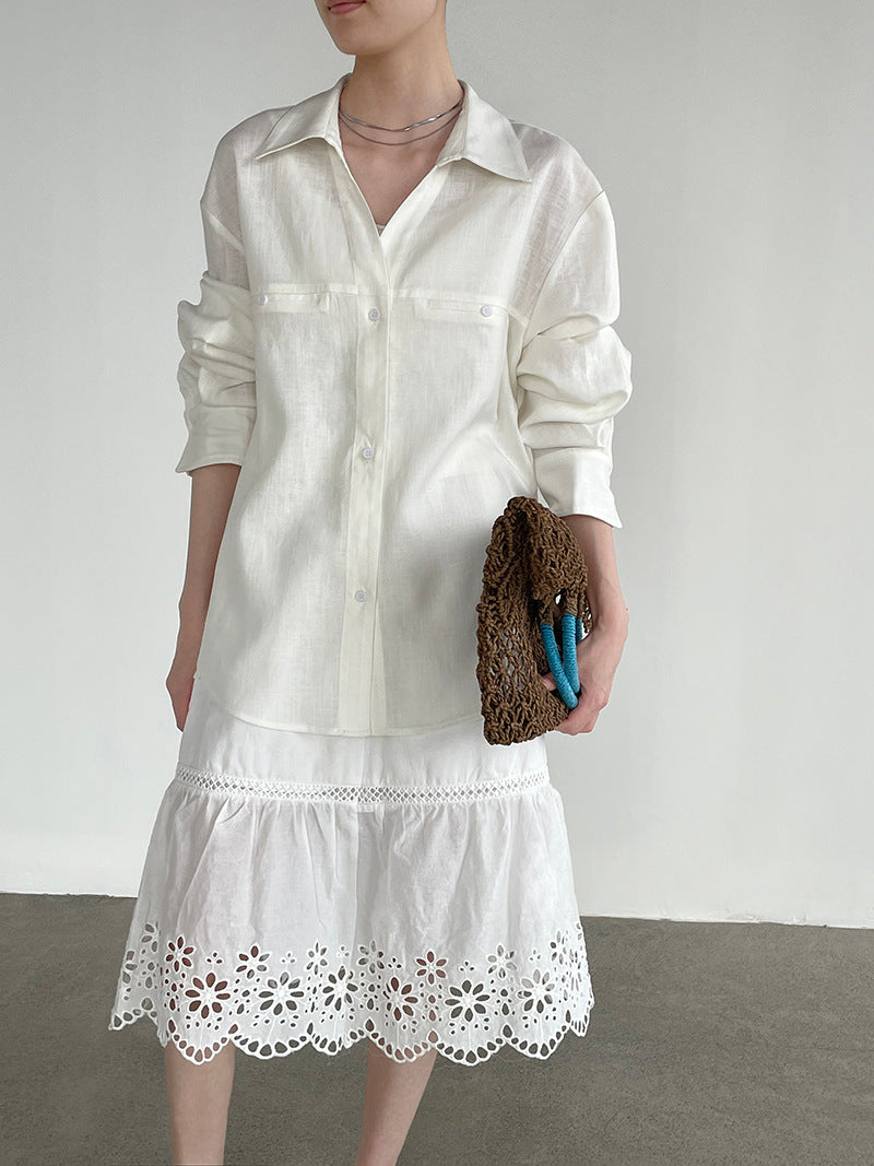 V-Neck Cotton Linen Long Sleeve Cardigan Shirt