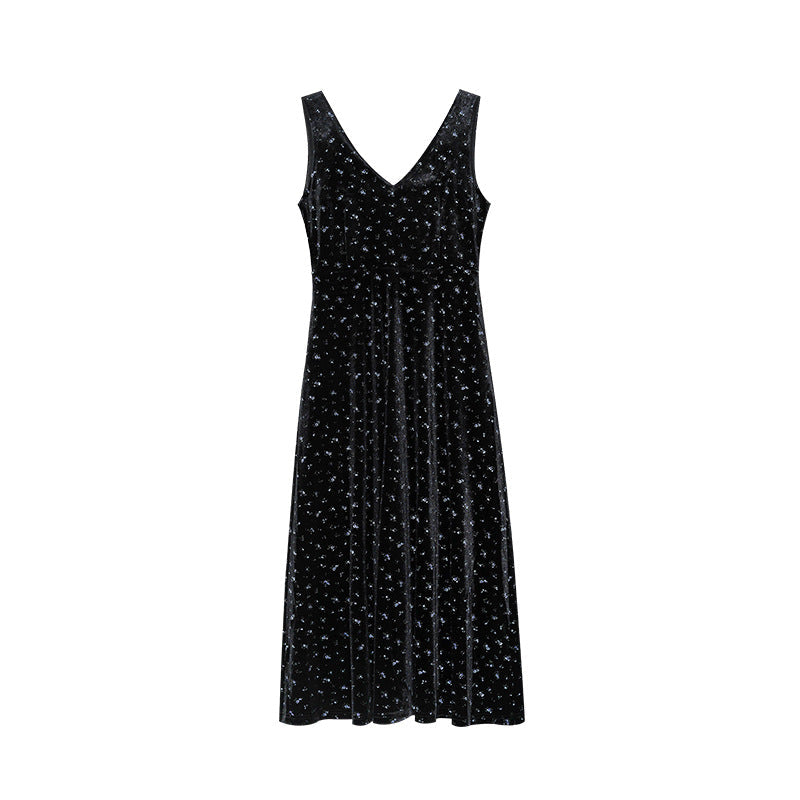 Floral waist-cinching temperament V-neck sleeveless velvet dress