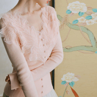 Pink feather cotton-blend knitted sweater bottoming shirt women's long-sleeved top