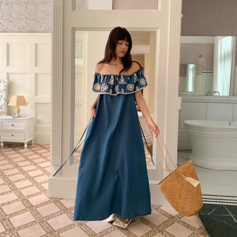 Hollow hook-up lotus leaf collar one-word shoulder denim dress