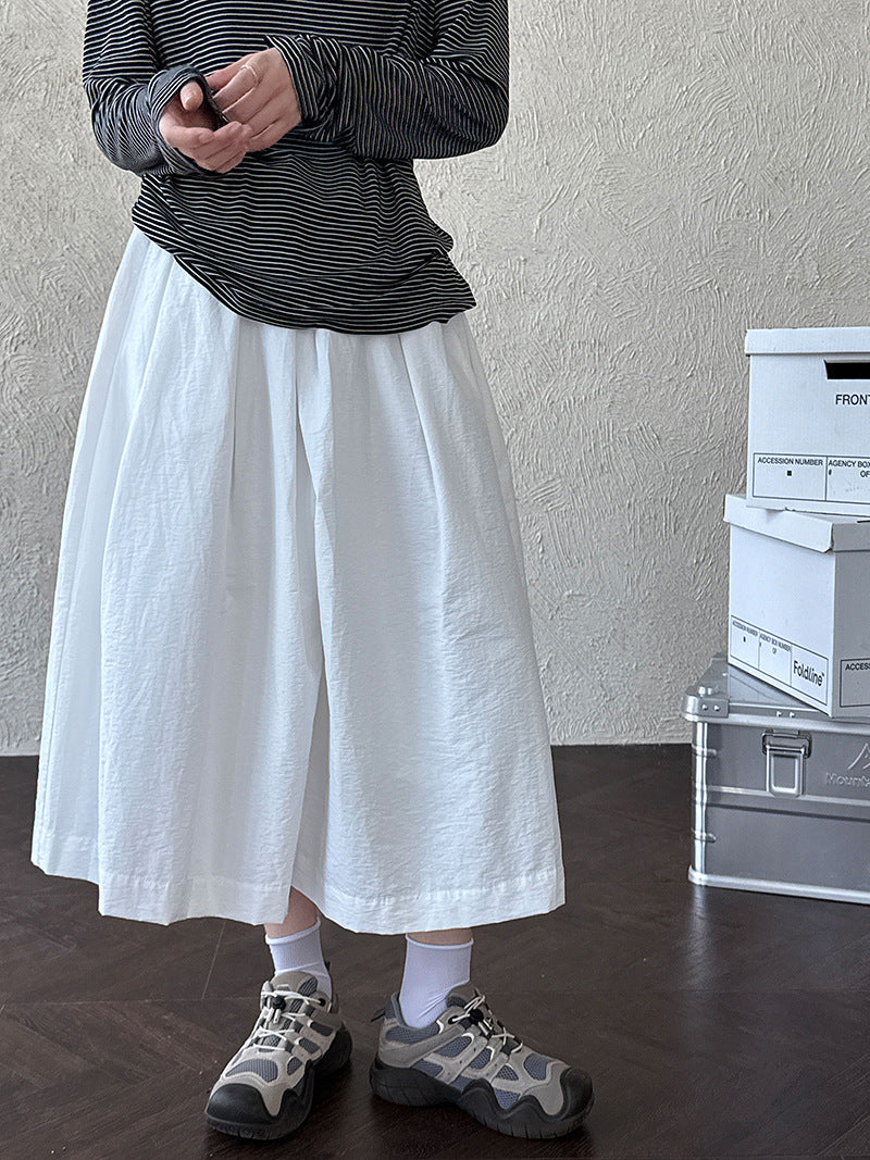 Design sense casual A-shaped loose wide-leg pants summer pleated elastic waist silhouette seven-point pants