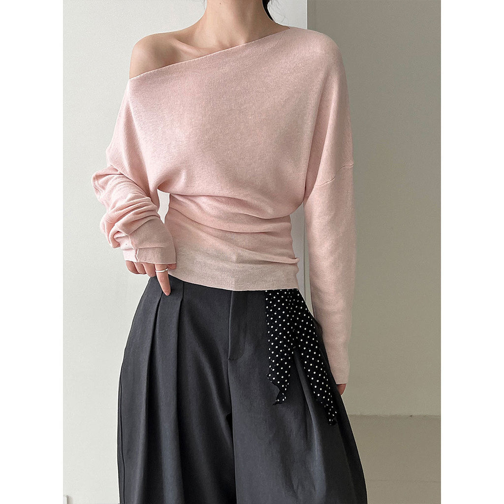 Design sense waist slim slanted shoulder knitted sweater women's autumn new long-sleeved off-the-shoulder top bottoming shirt ss780