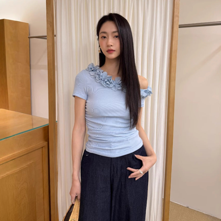 Women's 3D Floral Off-Shoulder Asymmetric Sleeve Pinch-Waist Tencel Top