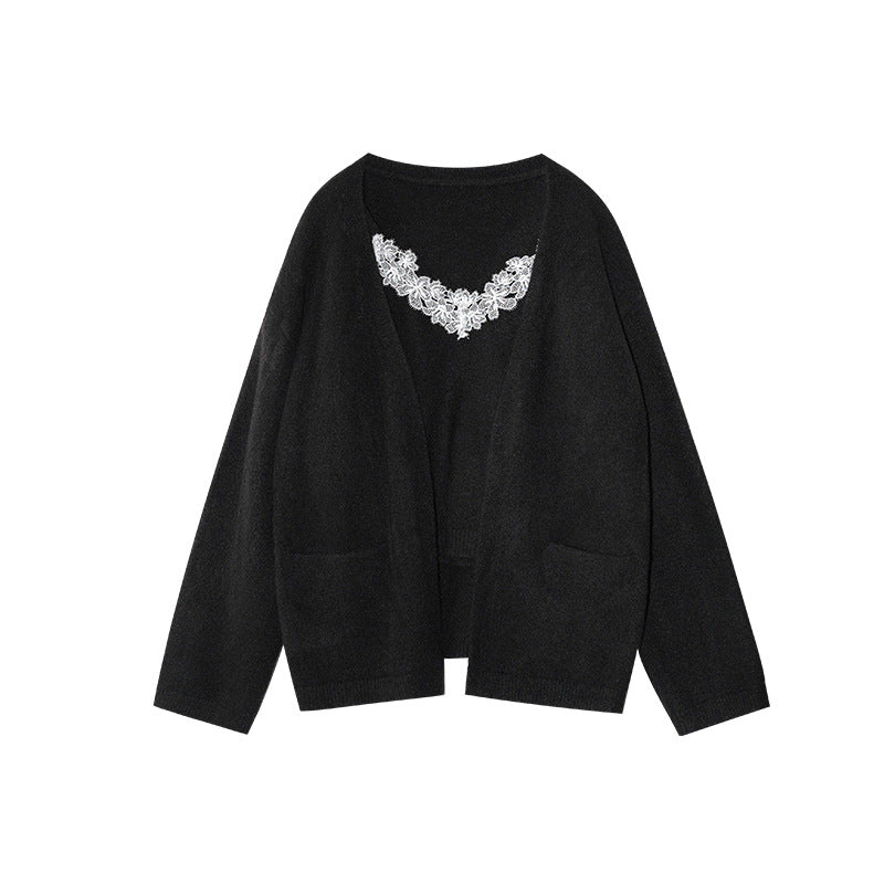 Lazy and gentle two-piece lace vest knitted sweater set