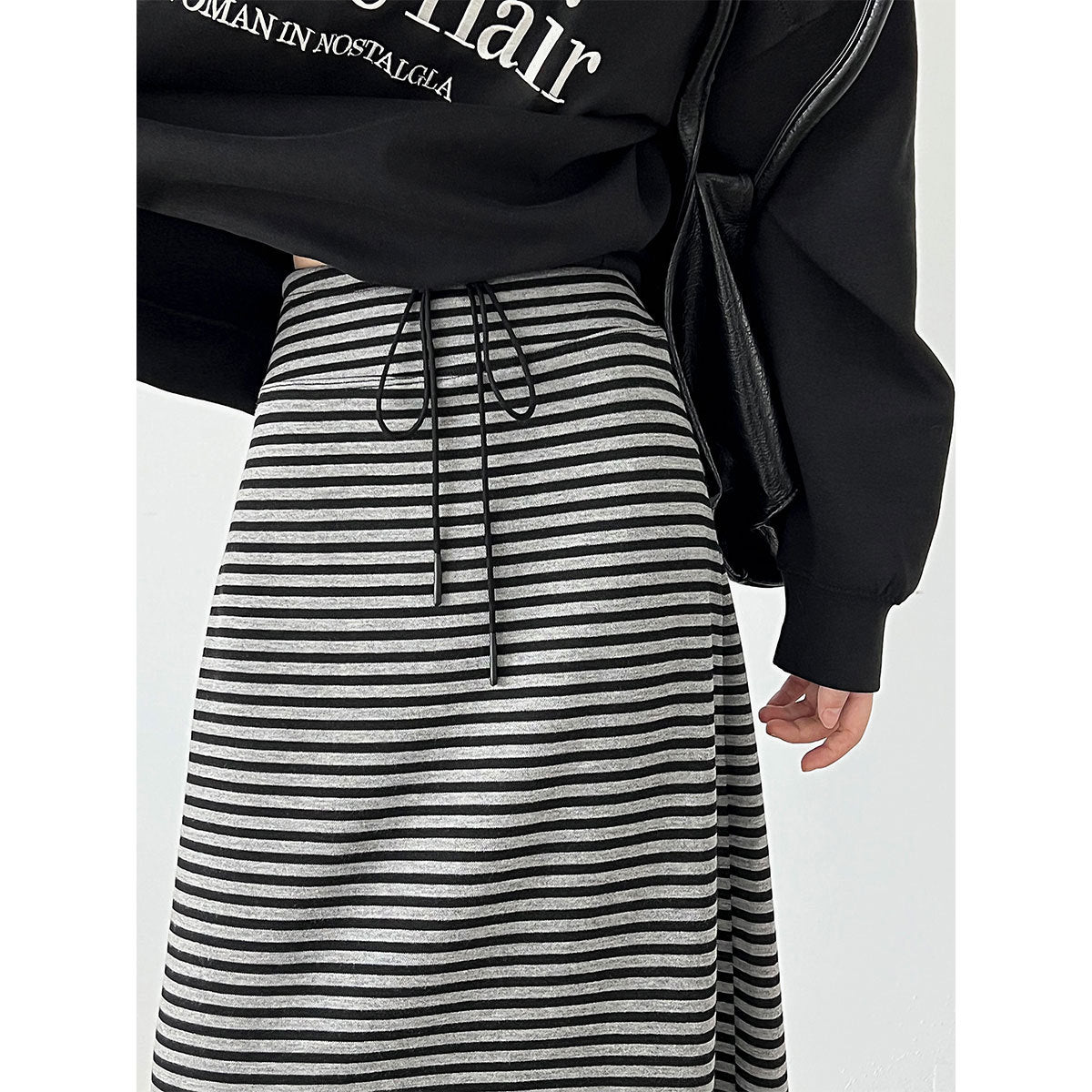 Commutingcasual lazy high waist drawstring skirt autumnew arrivaldrapedstripes slit long skirt