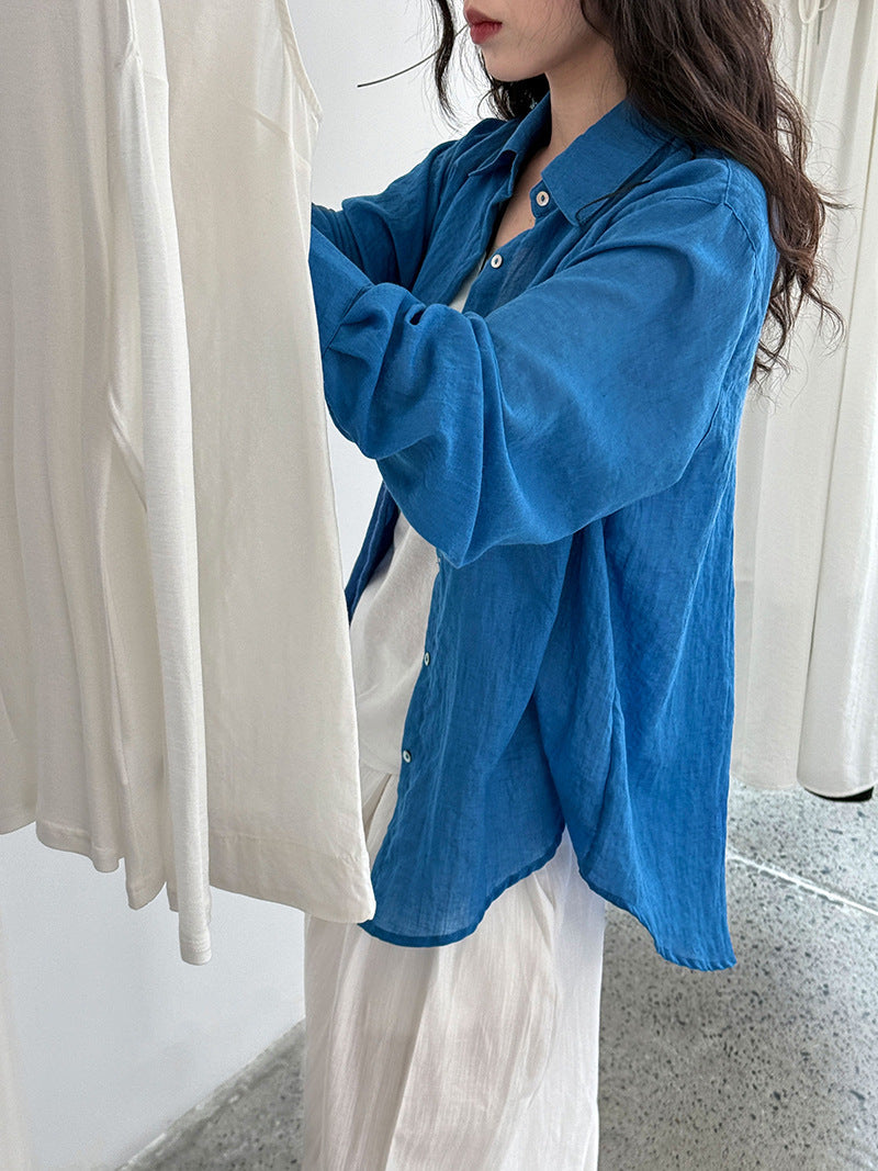 French premium shell button shirt women's summer new sunscreen cardigan long-sleeved loose imitation cotton and linen shirt