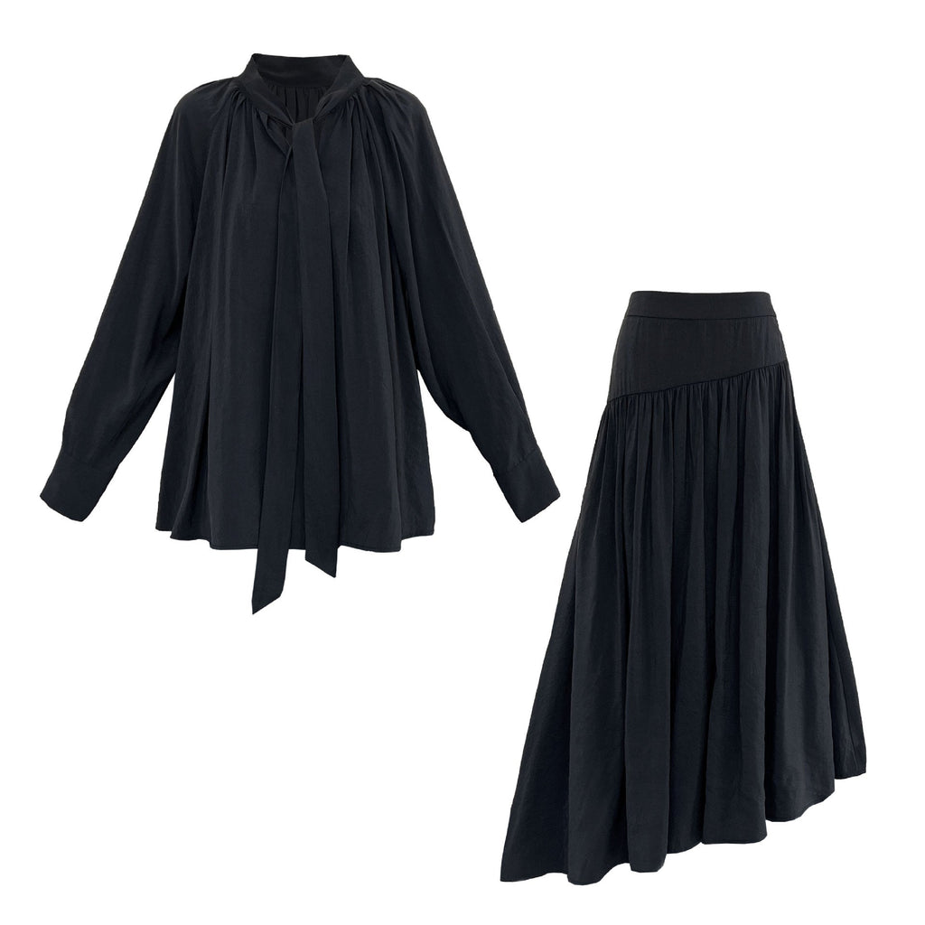 Korean temperament design sense streamer long-sleeved shirt + skirt women's autumn new lazy sense suit