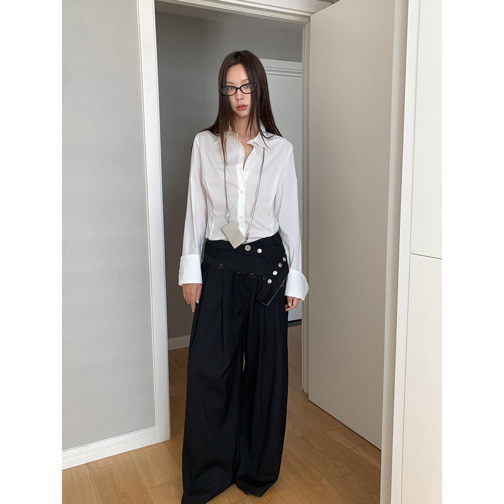 Polo Collar Long Sleeve Shirt Women Single-Breasted Button-Up Waist Fit
