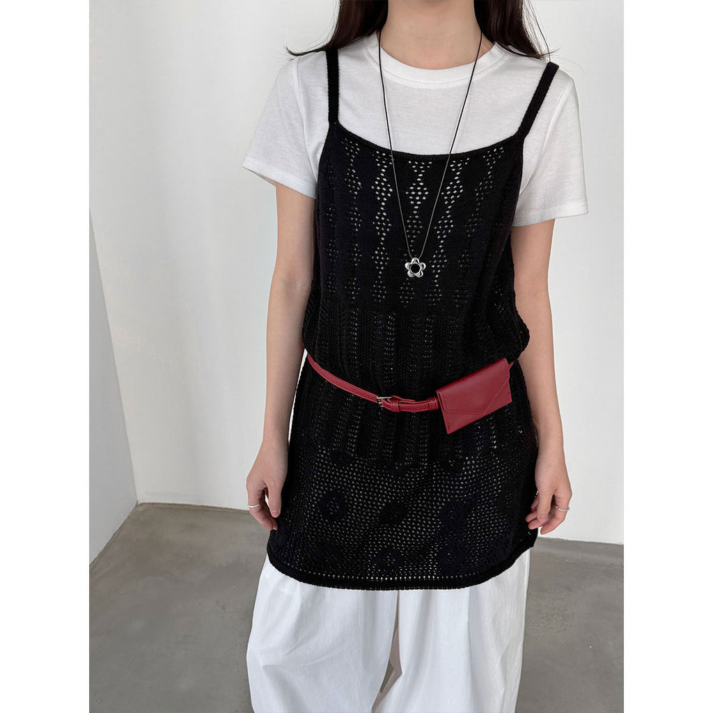 Korean hollow suspender knitted vest skirt women's spring new stacked A-shaped skirt blouse