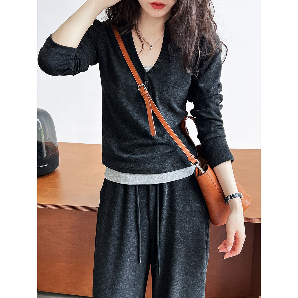 Stack in early autumn casual sports suit women's hooded sweater + suspender vest + wide-leg pants three-piece set