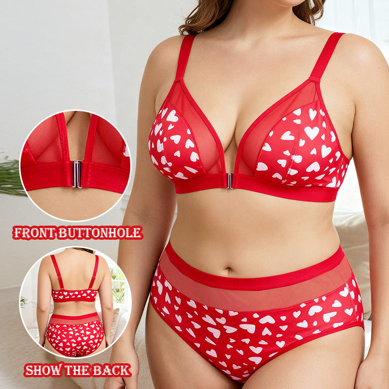 Sexy love large size underwear set women's steel-free comfortable printing mesh stitching large breast underwear