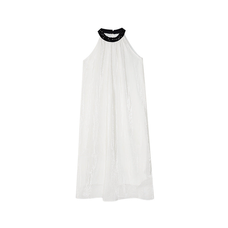Contrast Color Halter Neck Sleeveless A-Line Maxi Dress