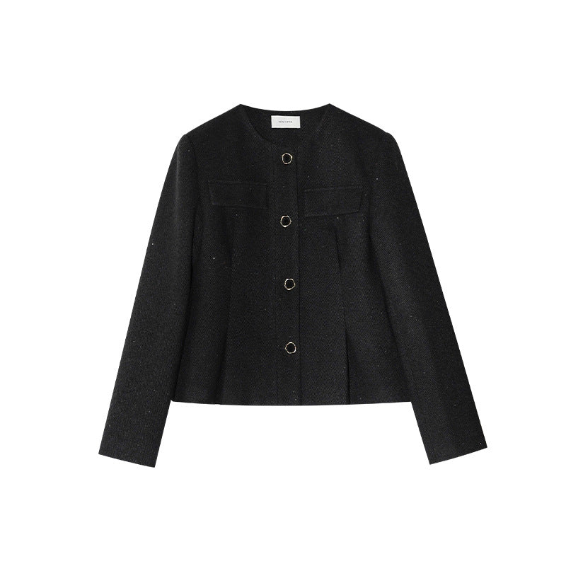 Temperament waist crew neck wool tweed jacket