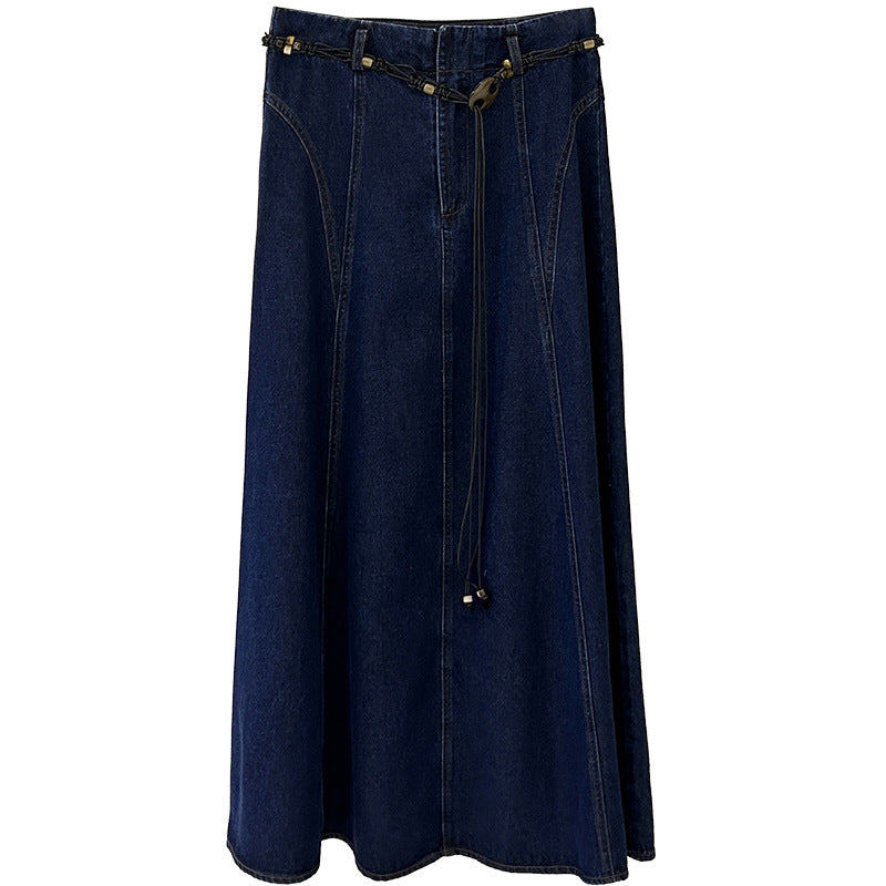 Retro denim skirt a-character spring with waist rope design sense thin big swing dress