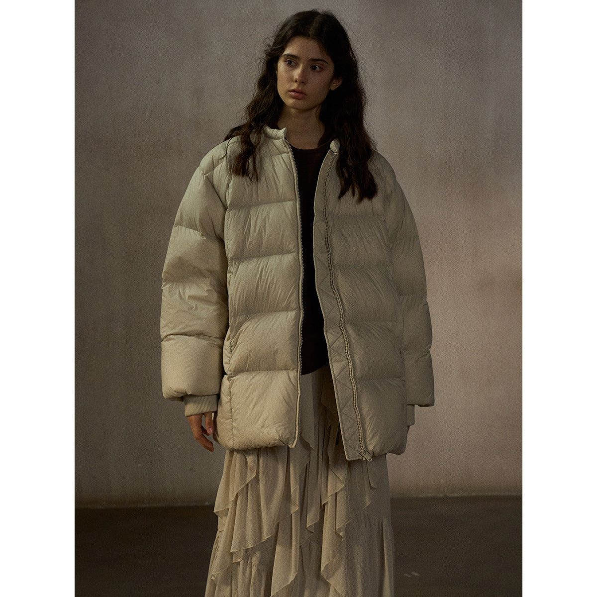 Light thermal quilting crew neck down jacket