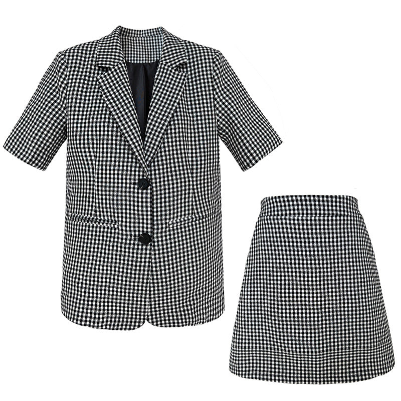 Plaid short-sleeve lightweight blazer + a-line skirt two-piece fashion commute set