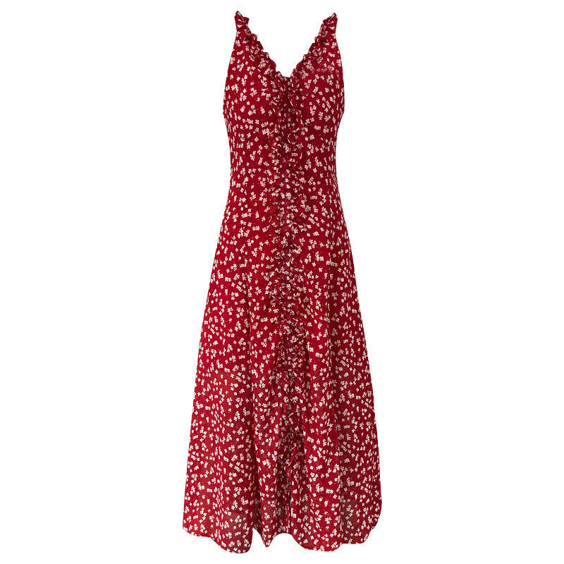 French floral seaside resort sundress summer new slimming V-neck lace halterneck dress