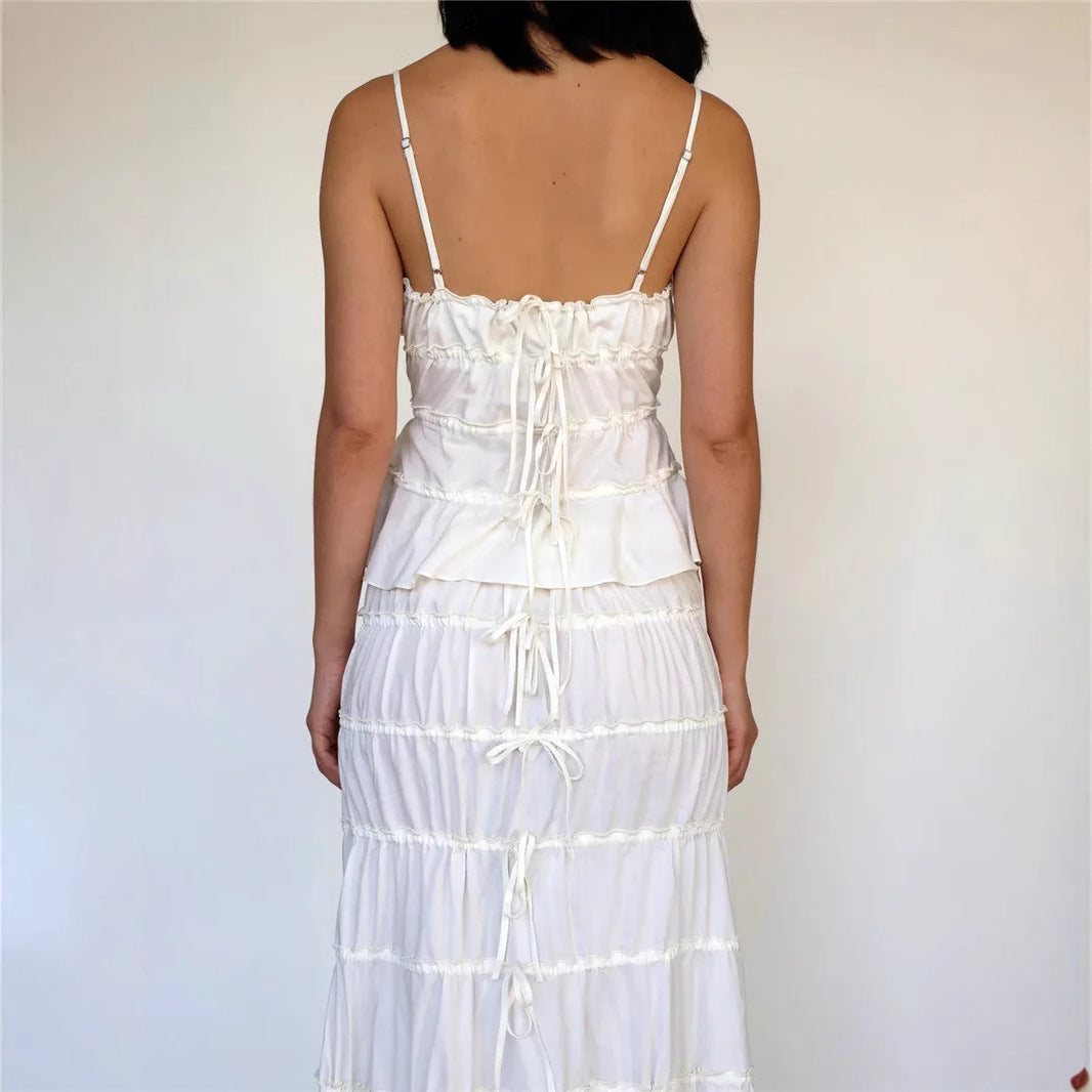 Sexy suspender top skirt set pleated lace lace-up long skirt two-piece set private clothes socialite
