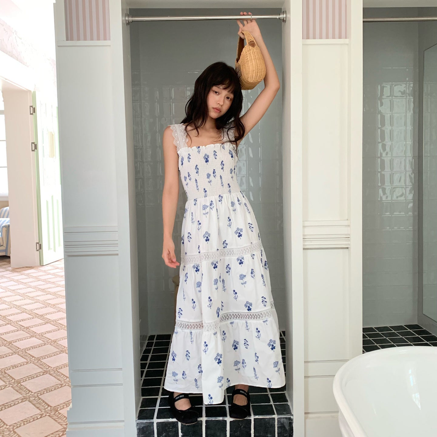 Floral Square Neck Sleeveless Pleated Maxi Dress