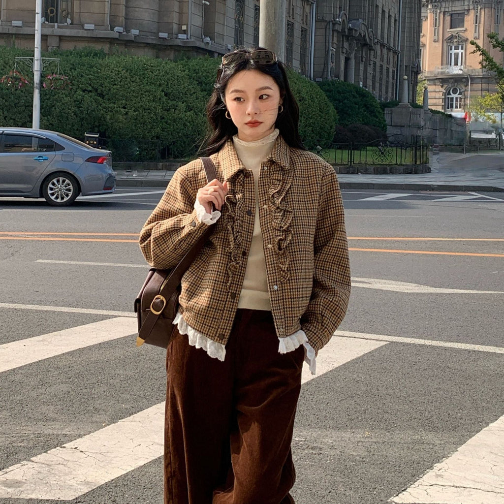 Women's Plaid Lapel Lettuce-Edge Spliced Loose Short Jacket