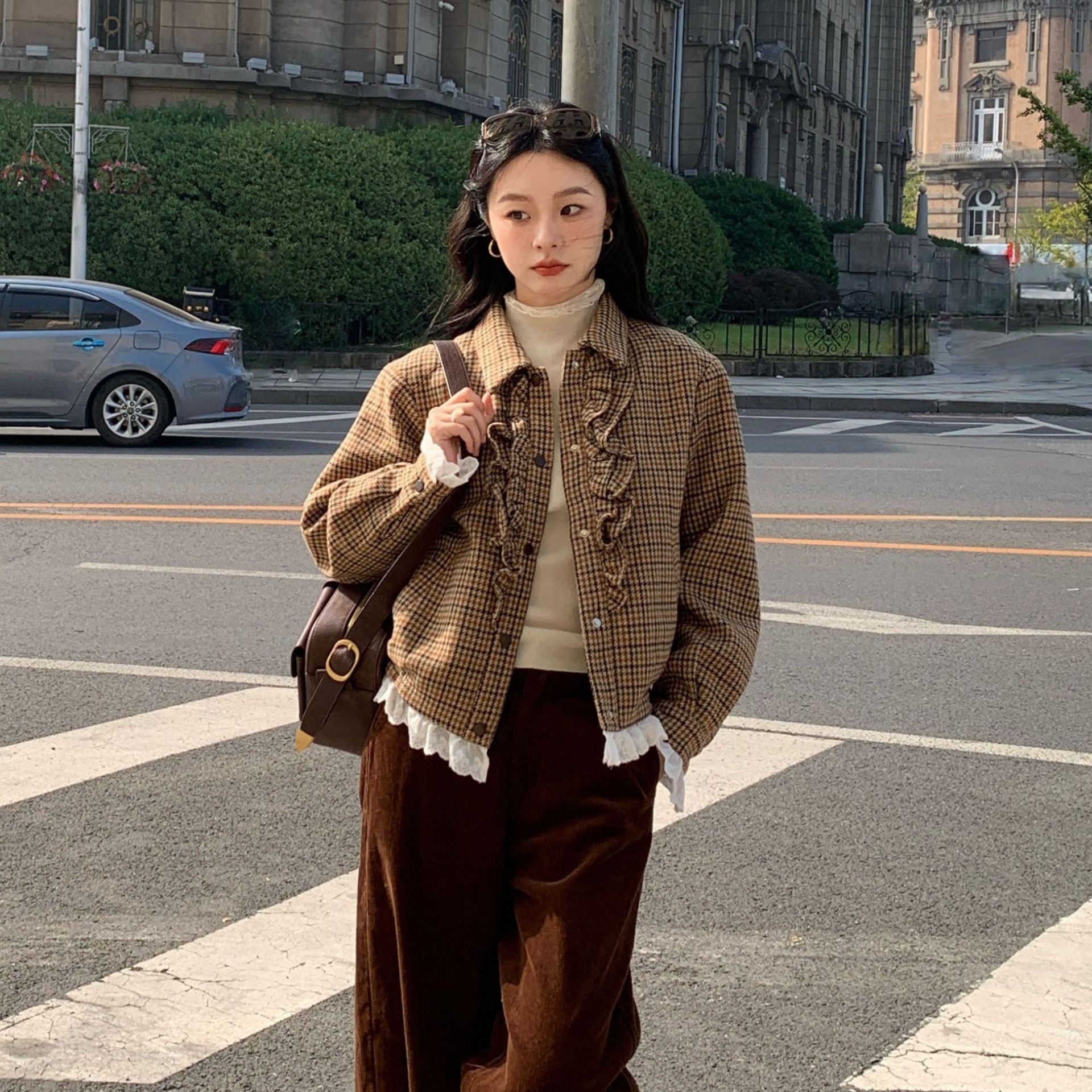 Women's Plaid Lapel Lettuce-Edge Spliced Loose Short Jacket