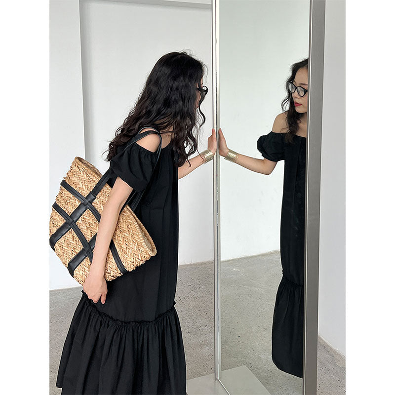 Korean version of the sweet dress summer new bubble sleeve suspender skirt one-word shoulder holiday style dress