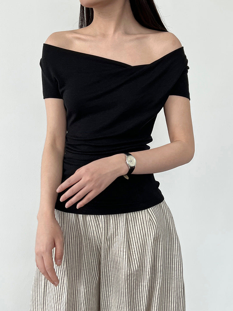 French slanted shoulder swing neck short-sleeved T-shirt summer silk wool soft waxy light slim slim top