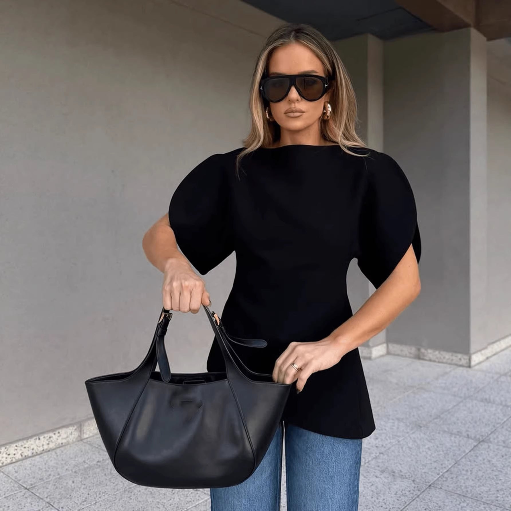 Puff Sleeve Top Women Round Neck Asymmetrical Slim Fit T-Shirt