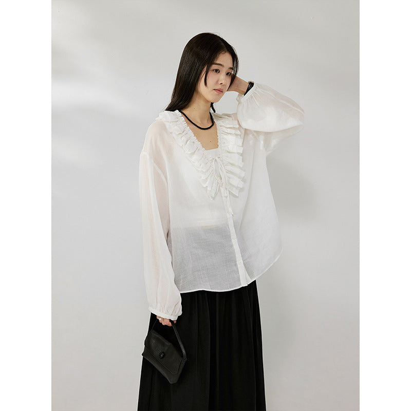Deep V-neck handmade double-layer lotus leaf edge Tencel ramie shirt