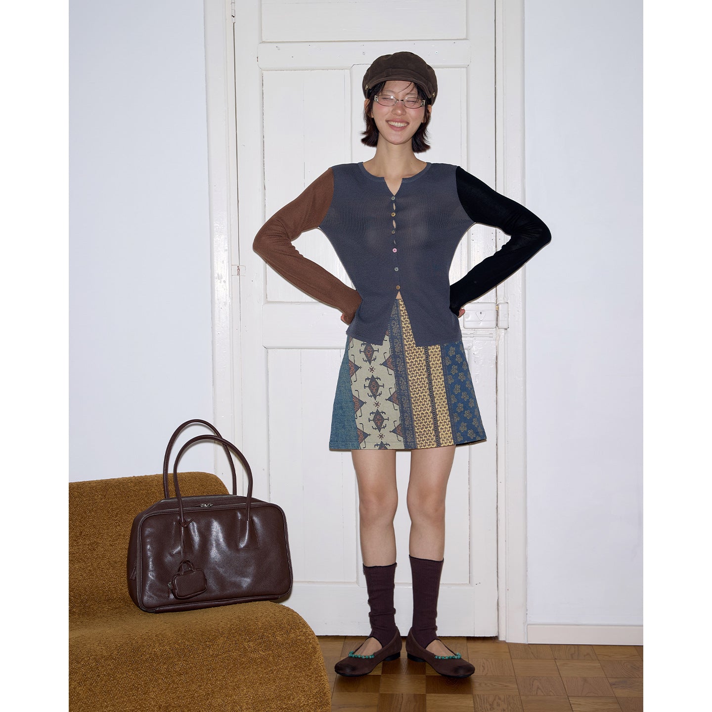 Twill splicing printed denim skirt ethnic style contrasting color high waist A-shaped skirt