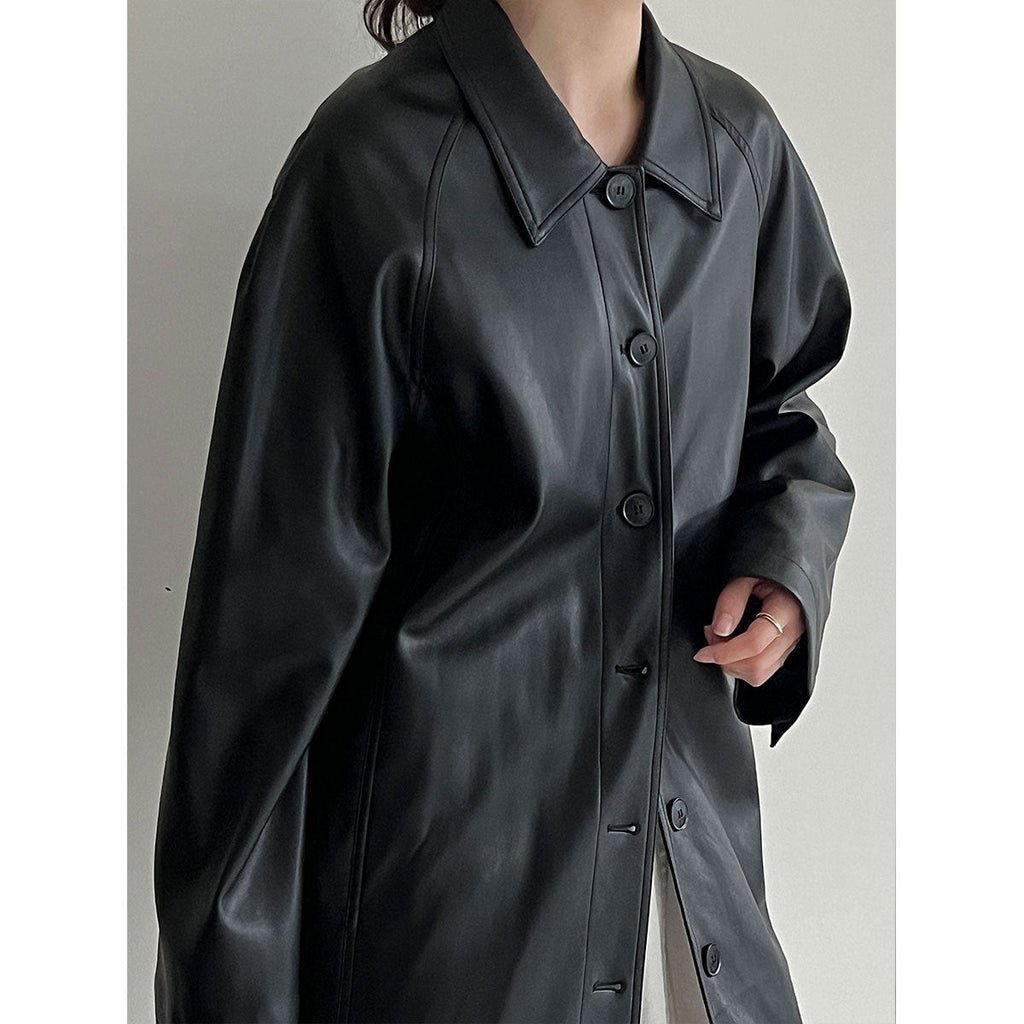 Korean retro high-end black medium and long leather jacket women's autumn new soft waxy leather