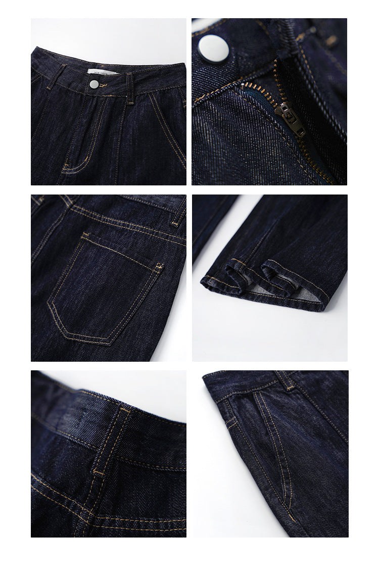Versatile cotton dark blue high-waisted micro-pull jeans