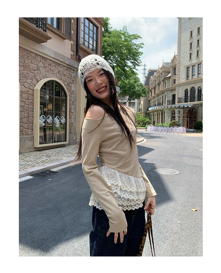 Lace Splicing Long Sleeve Slash Shoulder T-Shirt Top
