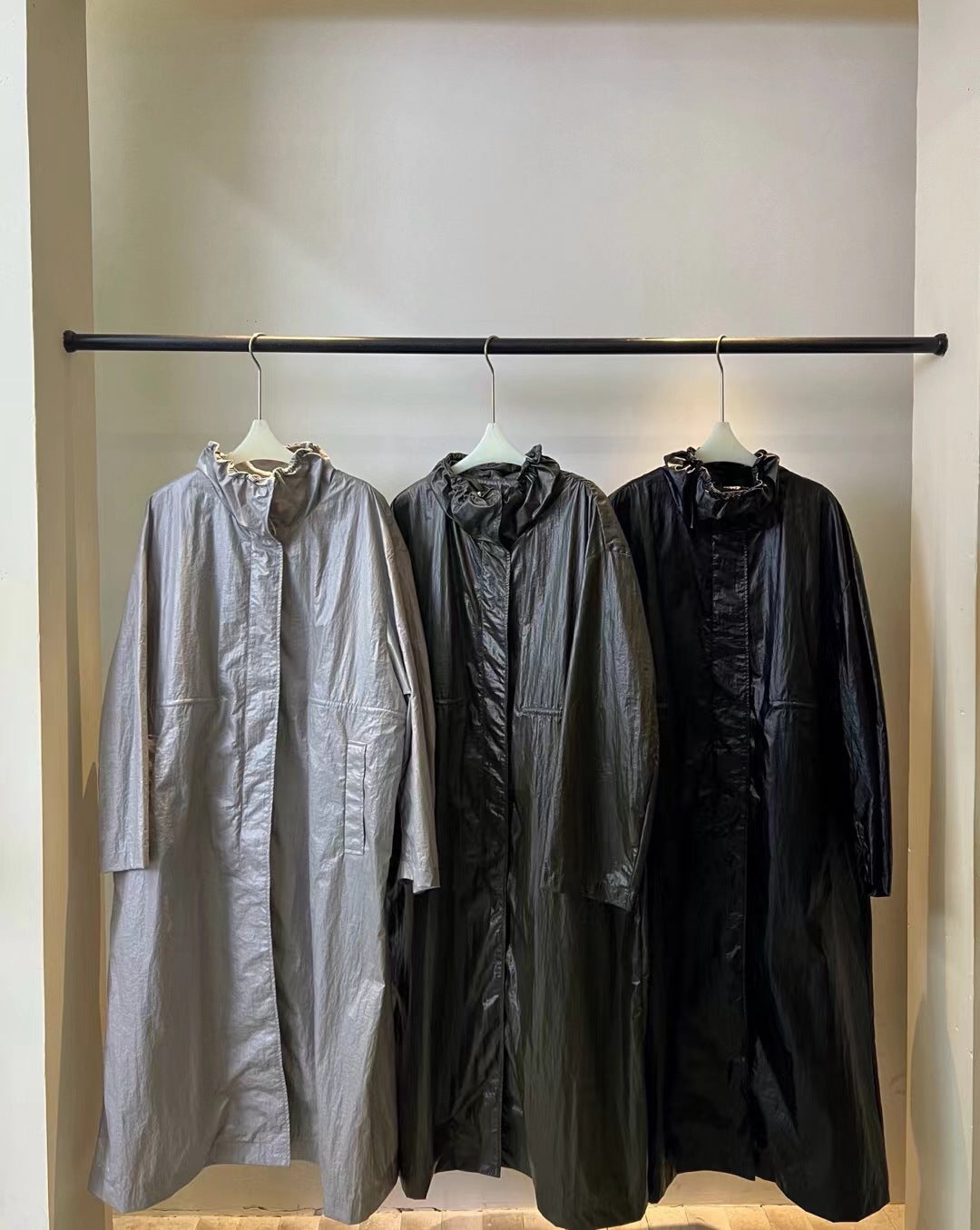 Autumn new commuter waterproof PU coated drawstring dark four-in-one buckle waist trench coat