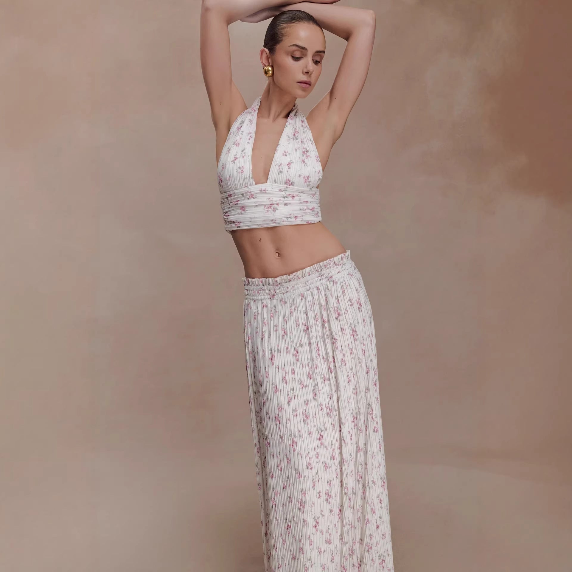 Sexy printed skirt set pleated deep V neck top skirt two-piece set