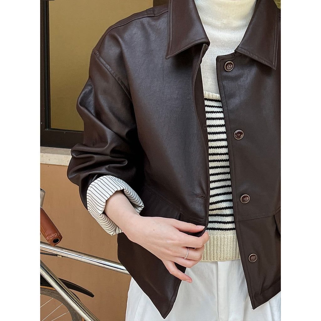 Retro PU leather jacket women's design contrast autumn new high-end sense motorcycle clip overcome