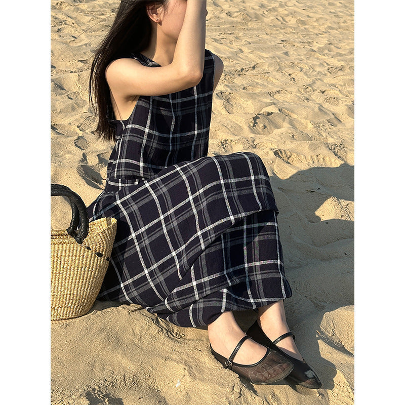 Vintage Plaid Double Pocket Crew Neck Vest Dress