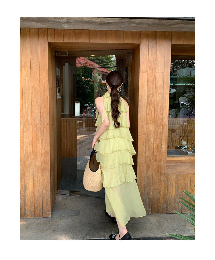 Women's Stand Collar Ruffle Tiered Sleeveless Tencel Maxi Dress