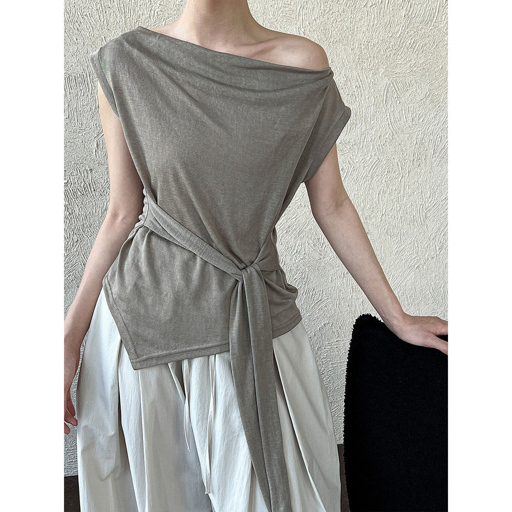 Korean temperament simple swing neck knitted short-sleeved top women's summer asymmetrical lace-up thin T-shirt