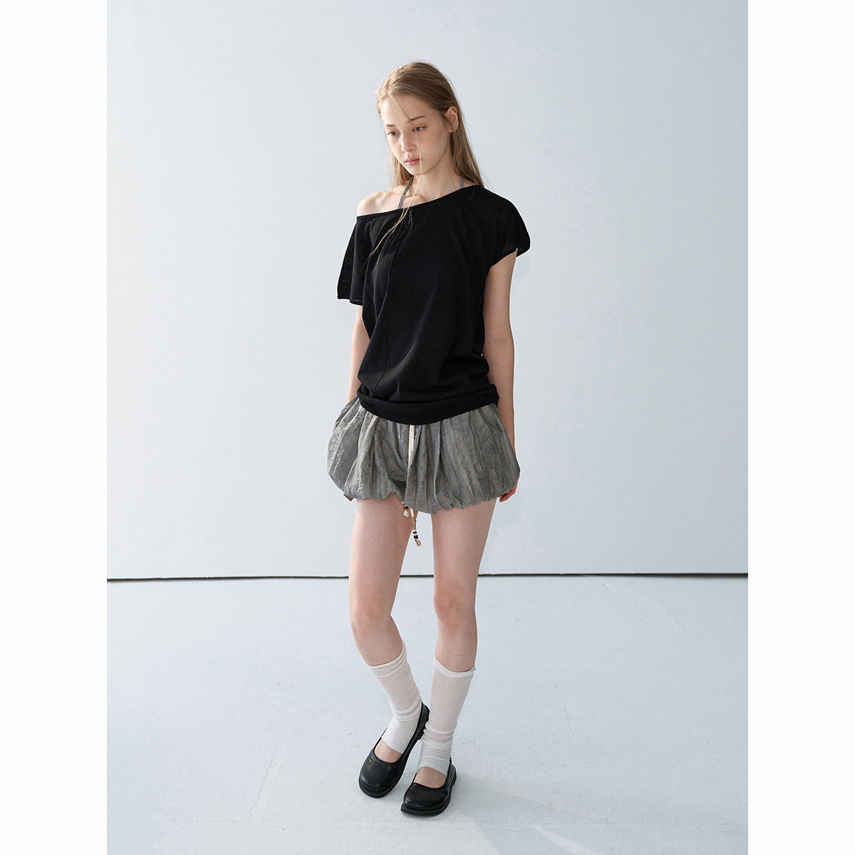 Summer new casual super cool hemp boat collar shoulder Tencel light knitted bottoming shirt
