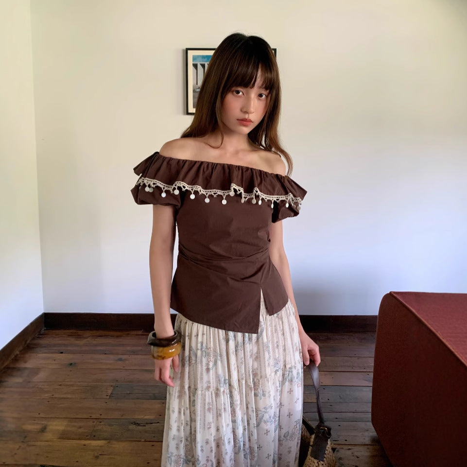 Off-Shoulder Ruffle Trim Bubble Sleeve Cotton Top
