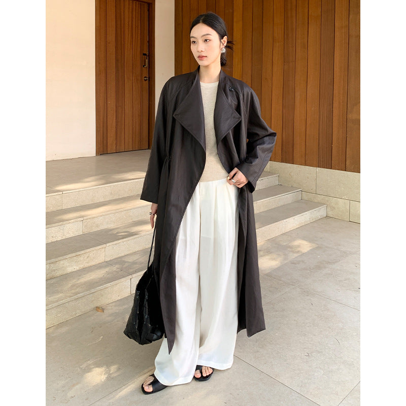 Spring lazy style black stand-up collar long leather trench coat high sense