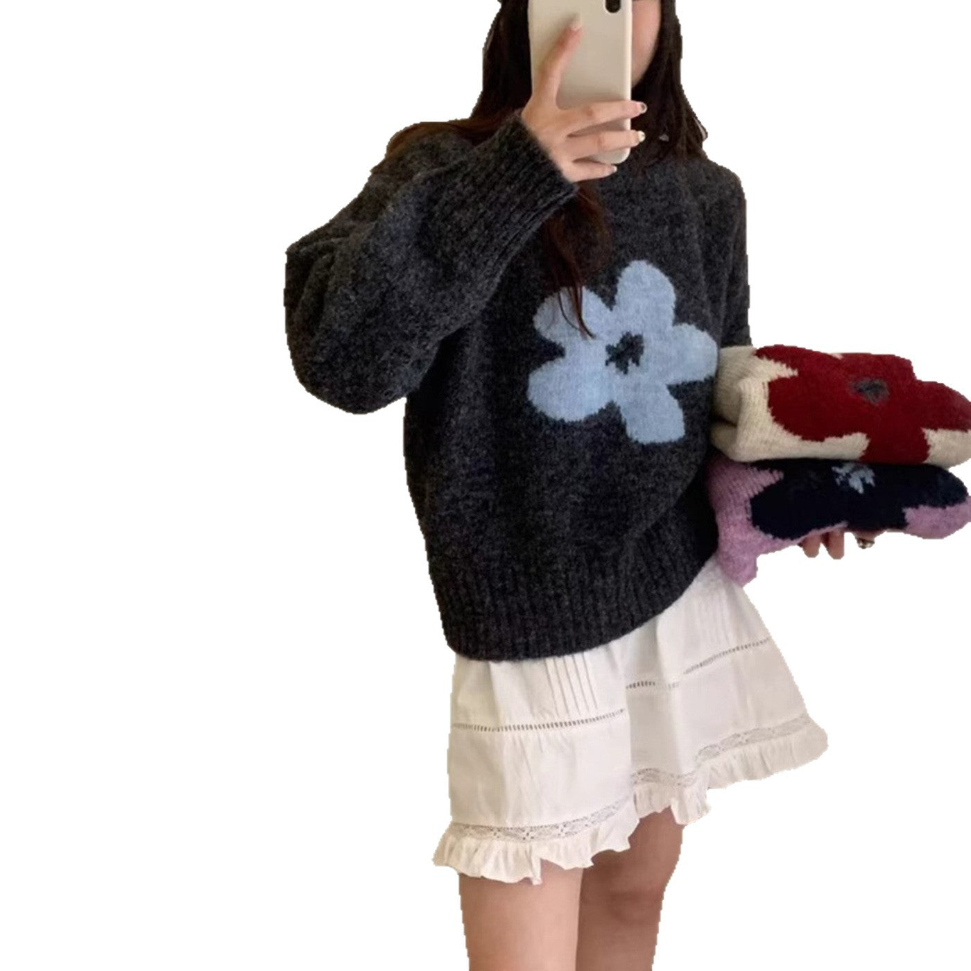Floral Korean Soft Knit Loose Pullover Sweater