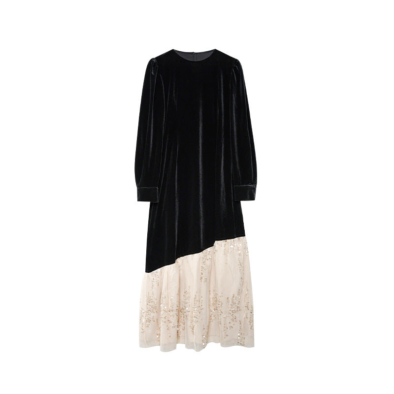 Light luxury high-end spliced velvet dress