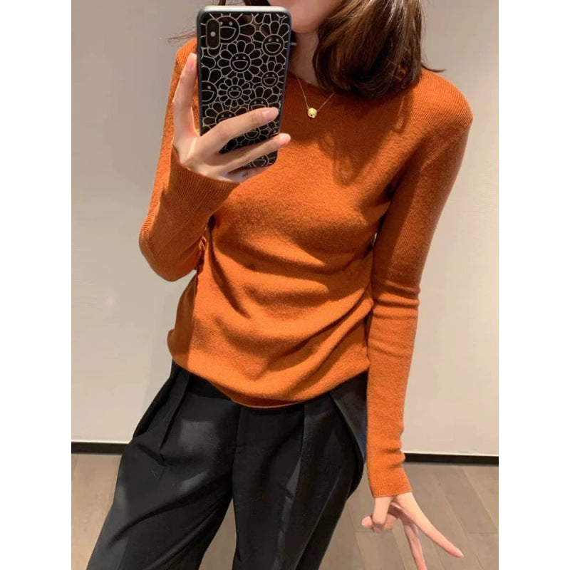 Wool Knitted Sweater Women Round Neck Long Sleeve Slim Fit Top